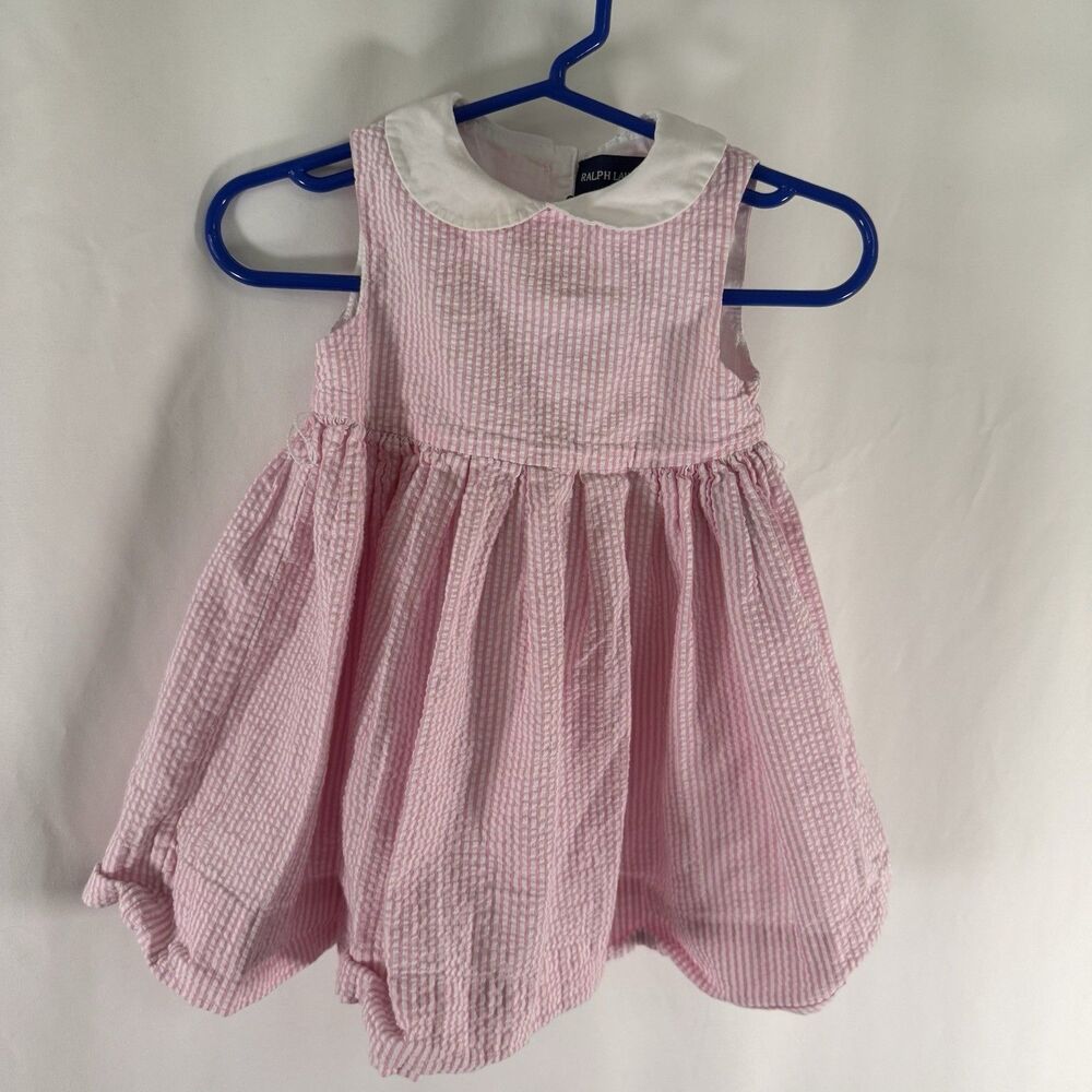 Ralph Lauren Dress Baby Girl 9M Pink WHite Striped Sleeveless Collared Cotton
